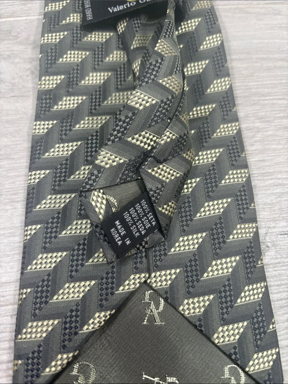 Valerio Garati Silk Tie Geometric 3D Optical Illusion Gray Khaki Gold Handmade